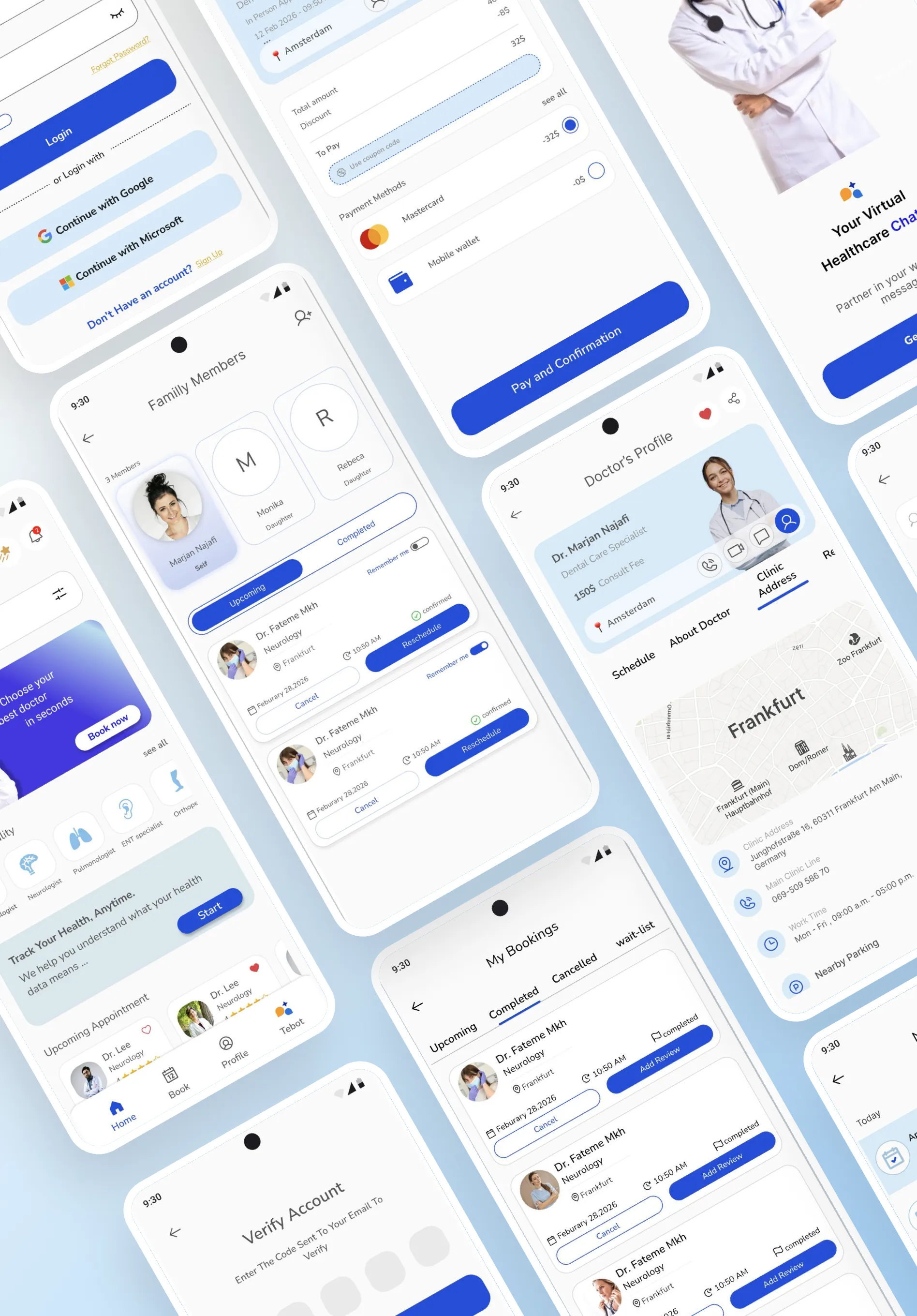Collage of Tebeto app screens: home, family members, bookings and doctor profile