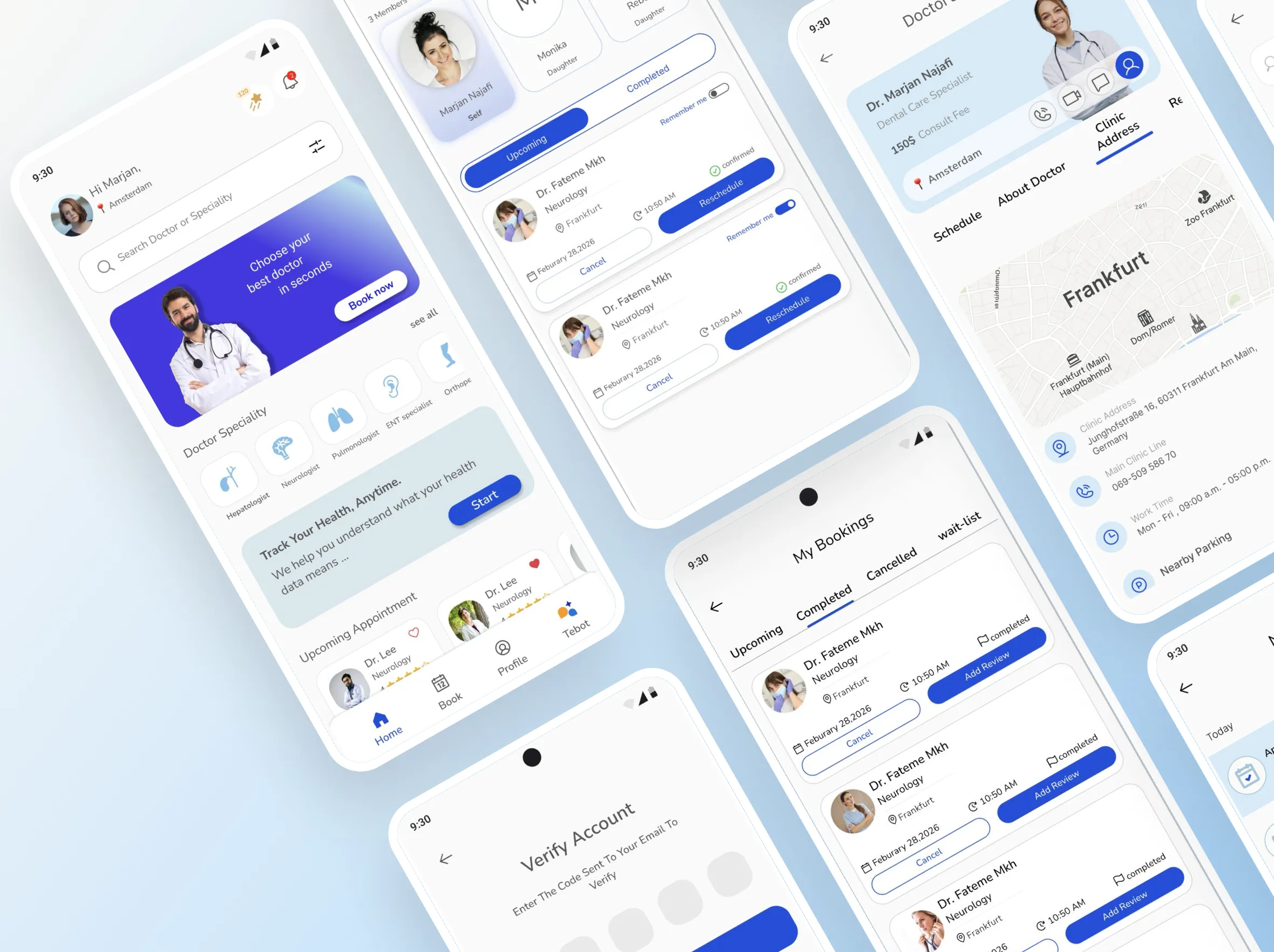 Collage of Tebeto hi-fi screens: home, family members, bookings, doctor profile and payment