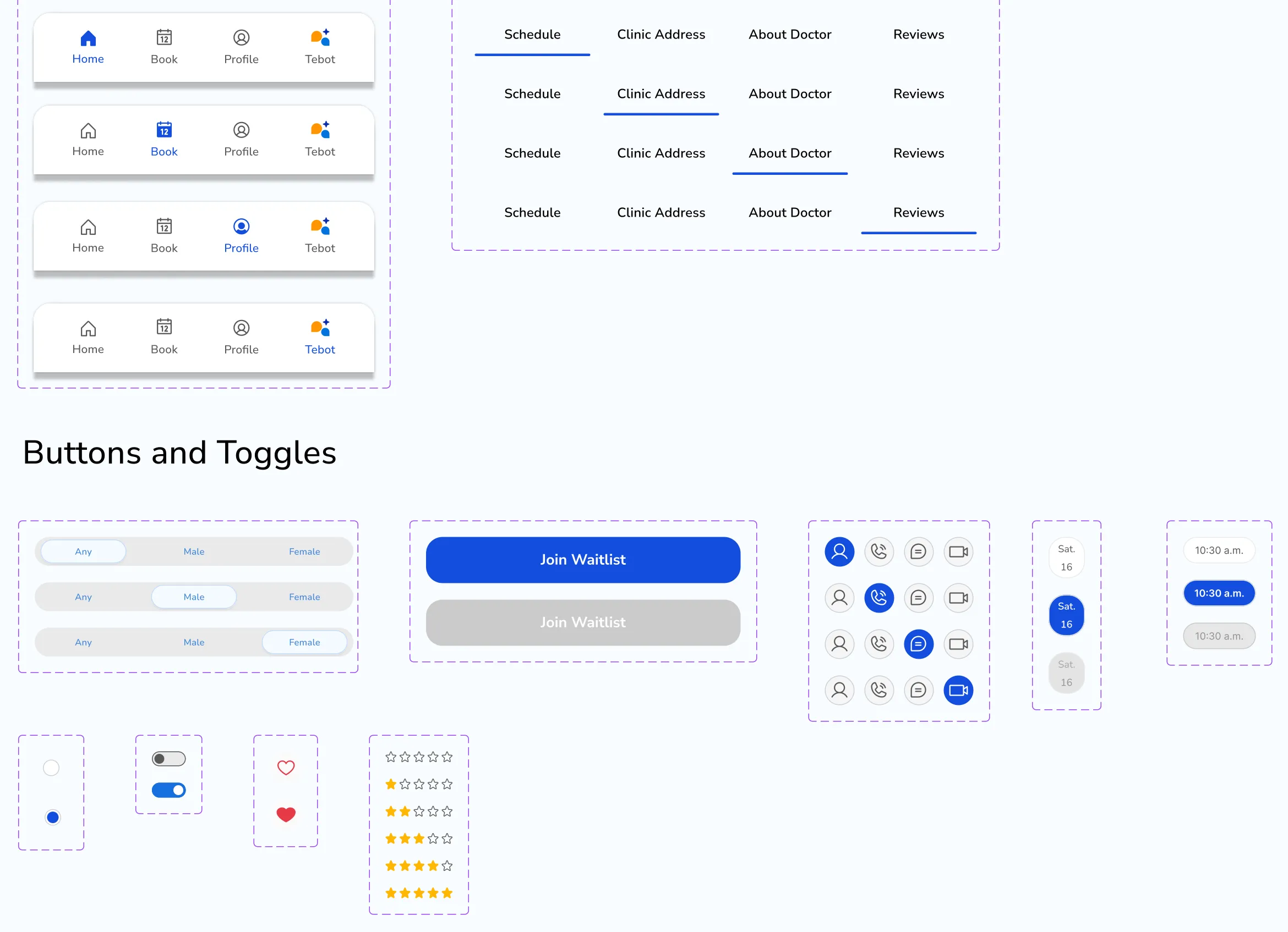 Tab bar states, profile tabs, segmented controls, waitlist buttons, toggles, favourites and rating stars