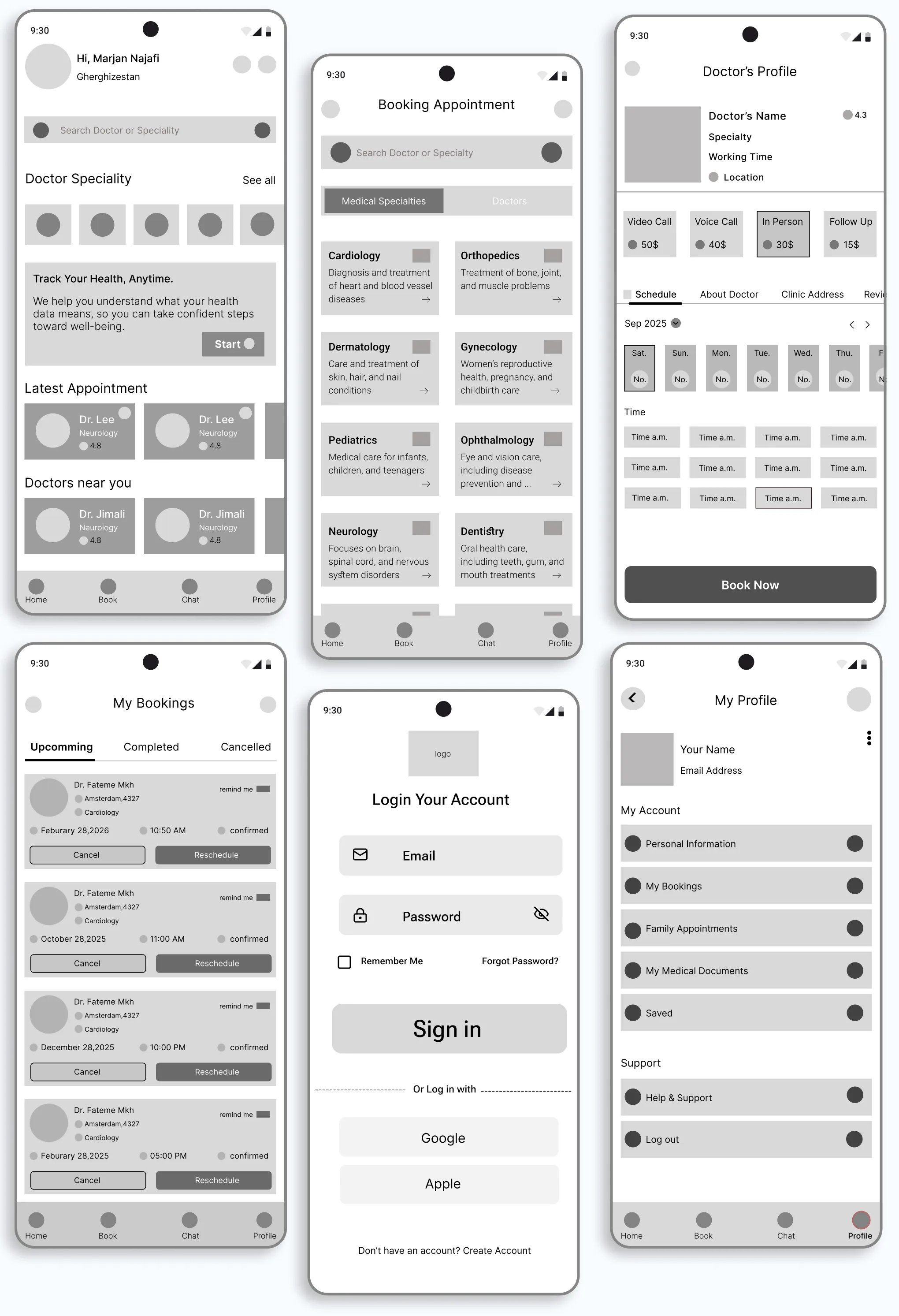 Six low-fidelity wireframes: home, booking appointment, doctor's profile, my bookings, login and my profile